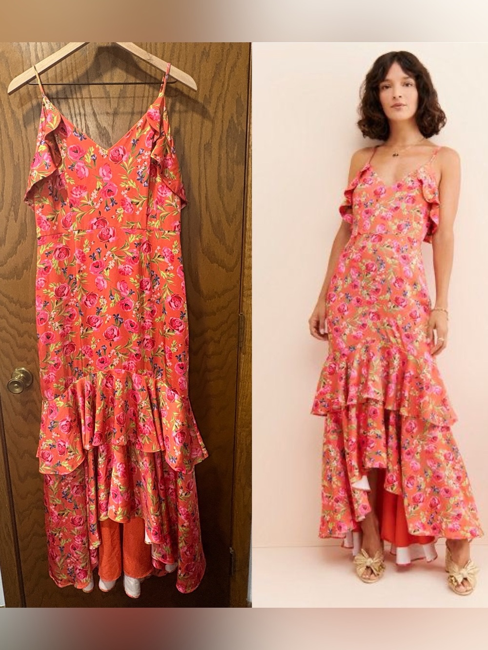 Keepsake Anthropologie Tiered Ruffle High Low Spaghetti Strap Orange Floral L